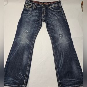 Rock Revival Men’s Steven Distressed Blue Bootcut Jeans Size 40x33